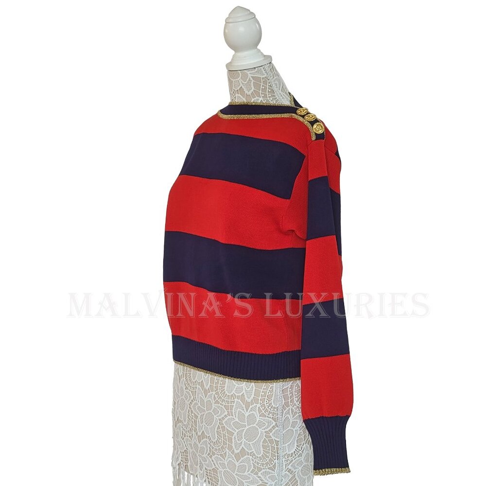 GUCCI SWEATER STRIPED COTTON RED & BLUE JUMPER w LOGO BUTTONS - Picture 5 of 15